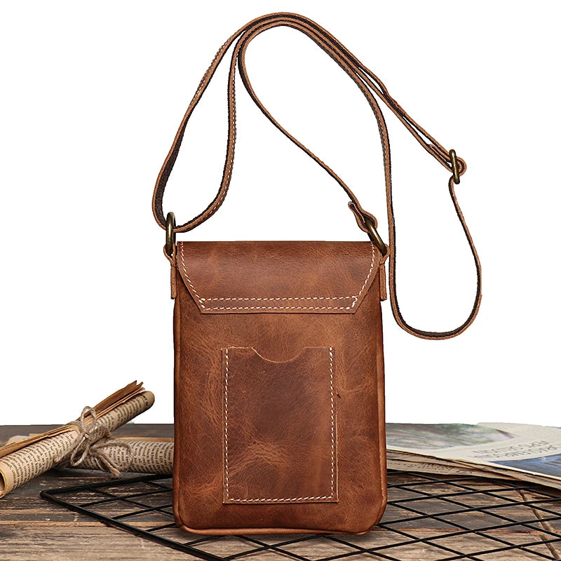 Crazy Horse Leather Small Vintage Sling Crossbody Bag Man Flap Locking Shoulder Bag Simple Men's Phone Key Pocket Bag