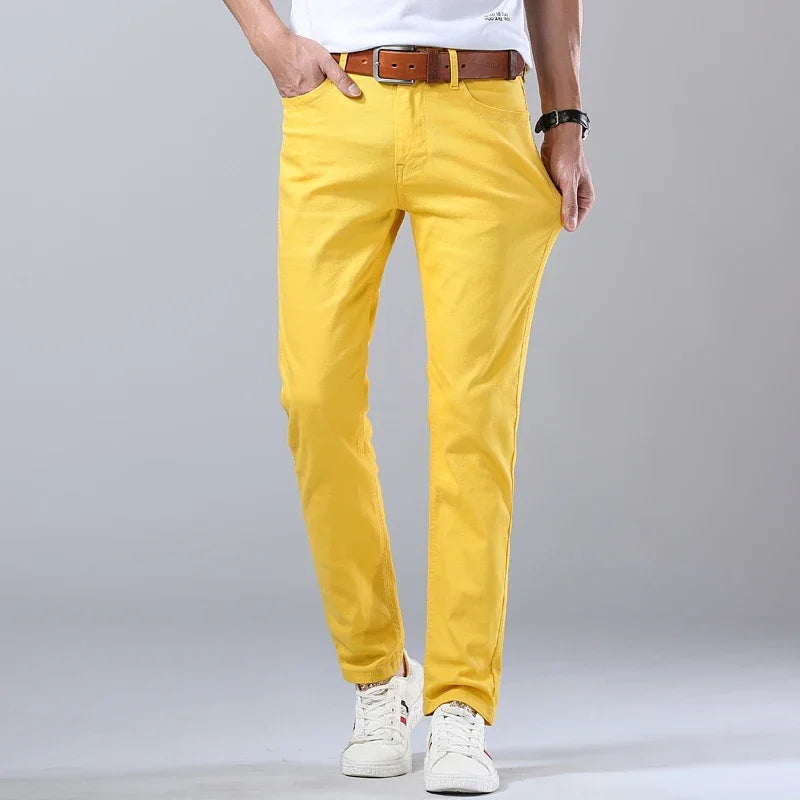 2024 Autumn New Men's Stretch Fit Jeans Bright Trendy Denim Straight-leg Trousers Male Red Lake Blue Yellow Trousers