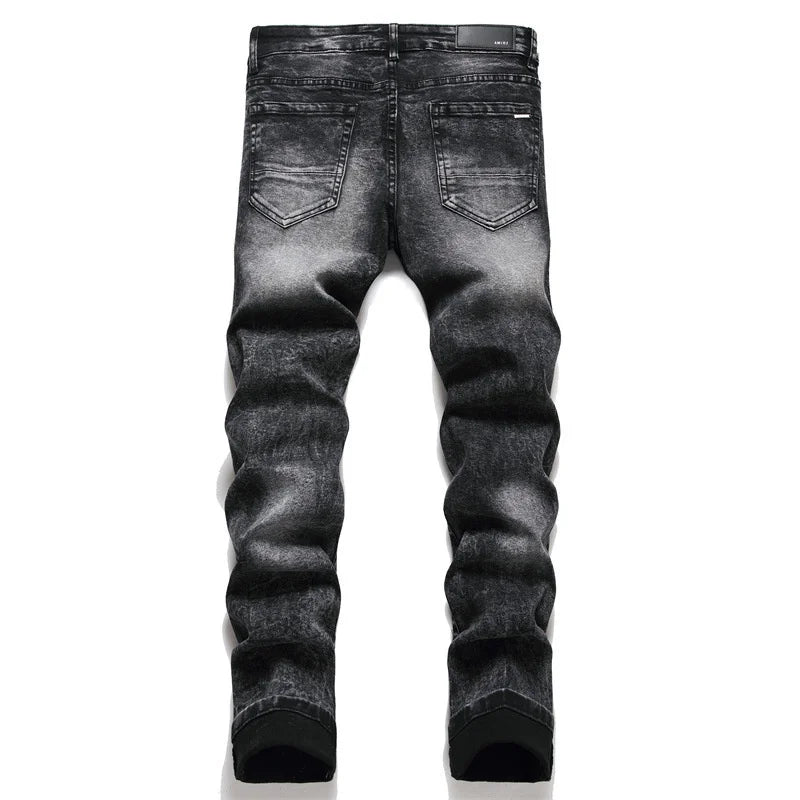 Slim Fit Elastic Black Cotton Embroidered Leather Label With Broken Hole Star Fashion Men's Jeans