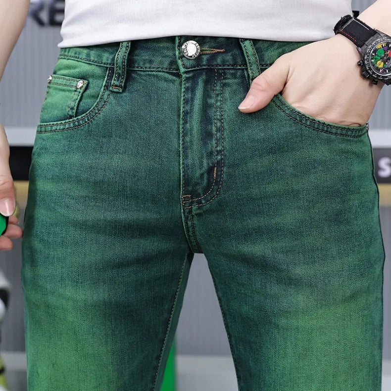 Emerald green jeans men's high-end affordable luxury fashion slim fit stretch personality all-matching straight long pants