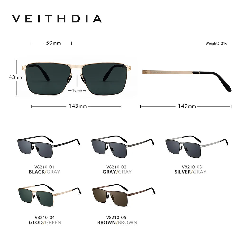 VEITHDIA Brand Men's Sunglasses Square Stainless Steel High-Definition Nylon Lenses Polarized Glasses With UV400 Protection 8210