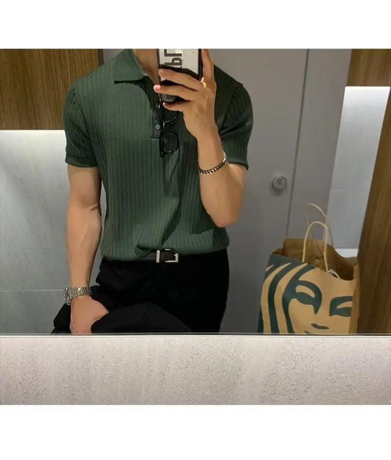 Solid Color Short Sleeve T-Shirt Men Breathable Comfortable 2024 Men's Clothing Knitted Polo Shirt Casual Striped Retro Button