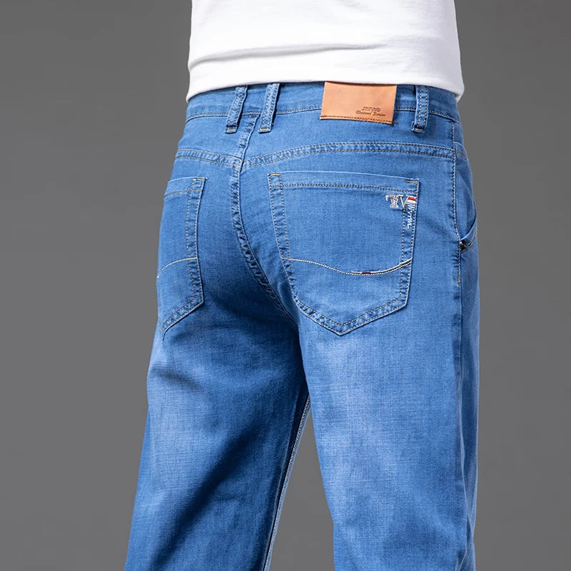 Large Size Men's Stretch Thin Jeans Summer Classic Black Blue Business Casual Straight Denim Pants Baggy Trousers 44 46