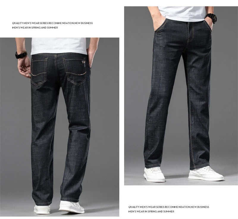 Large Size Men's Stretch Thin Jeans Summer Classic Black Blue Business Casual Straight Denim Pants Baggy Trousers 44 46