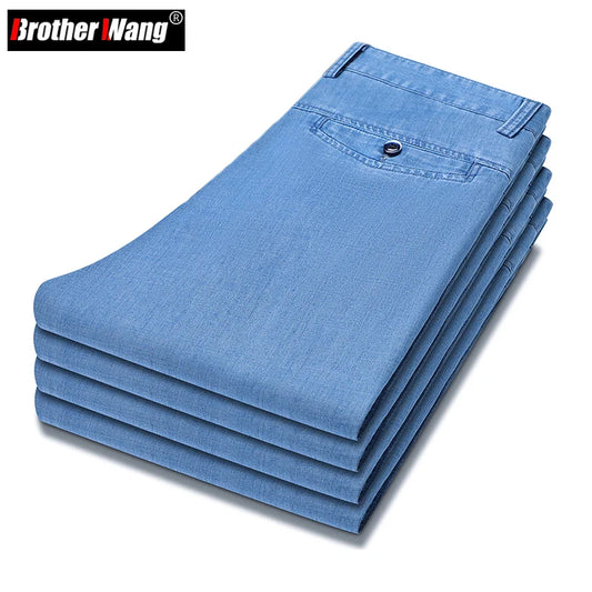 2023 Spring Summer New Men's Thin Light Blue Loose Jeans Business Fashion Lyocell Fabric Stretch Denim Trousers Male Brand Pants