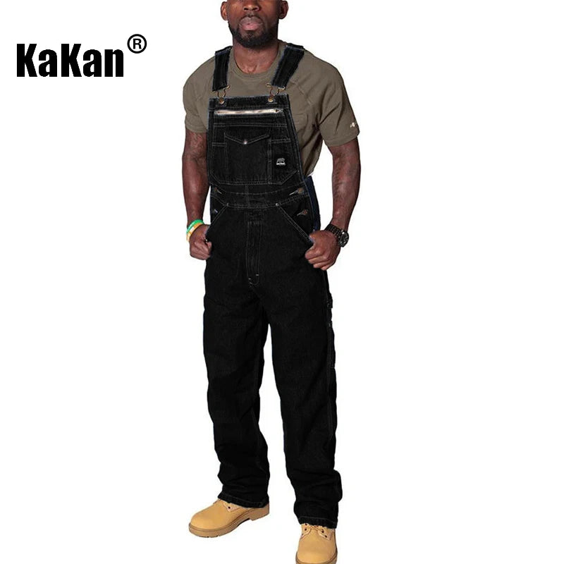 Kakan - New European and American Men's Shoulder Strap Jeans Men's Clothing, Blue Multi Pocket Torn Jumpsuit Long Jeans K34-722