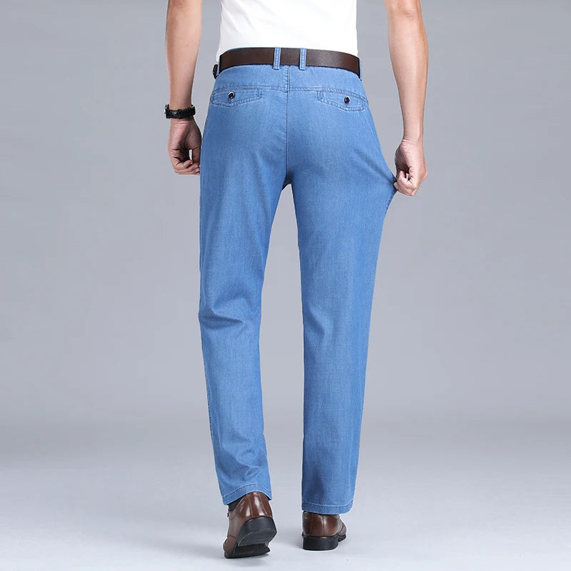 2023 Spring Summer New Men's Thin Light Blue Loose Jeans Business Fashion Lyocell Fabric Stretch Denim Trousers Male Brand Pants