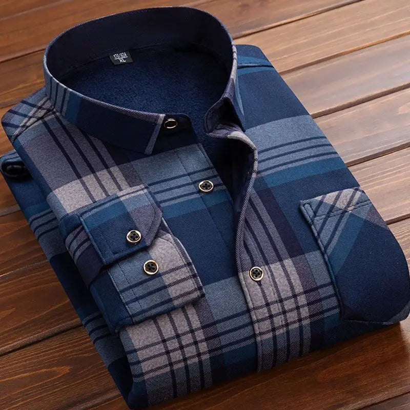 2024 Men's Autumn Winter Casual Fleece Plaid Shirt Fashion Soft Warm Turn Down Collar Long Sleeve Shirt Male High-Quality Tops