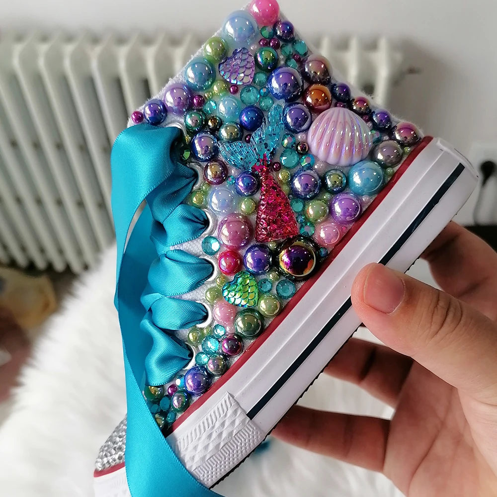 Handmade Rhinestones Bling Girls Womens Kids And Mother Candy Canvas Shoes Pearls Sneakers For Girl Birthday Party Wedding