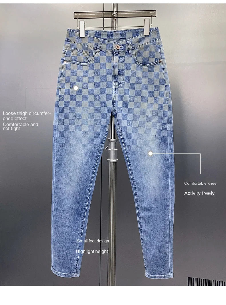 New Jeans Men'S Plaid Print Straight Fit Men'S Pants Blue Fashion Designer Casual Everything With Street Cotton Denim Pants