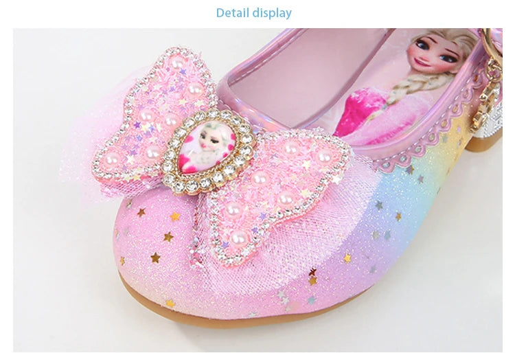 Disney Women Causal Shoes Children's High Heels Princess Elsa Girls' Shiny Rainbow Crystal Leather Pink Blue Shoes Size 23-36