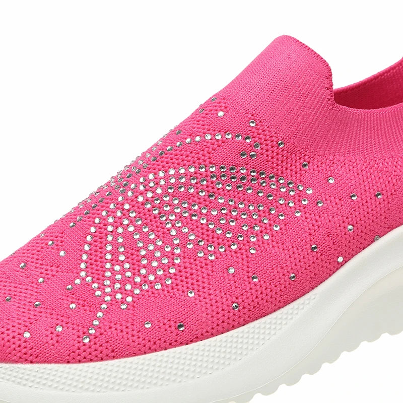 Rhinestone Butterfly Knitting Sneakers Women Platform Breathable Mesh Walking Shoes Woman Fashion Elastic Slip On Sock Sneakers