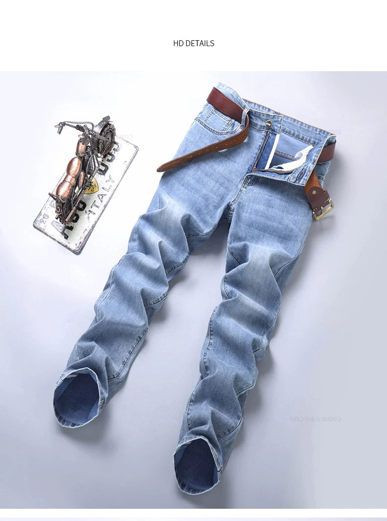 2024 Spring and Summer Thin Men's Light Blue Jeans Classic Style Business Fashion Stretch Fabric Straight Pants Male Brand