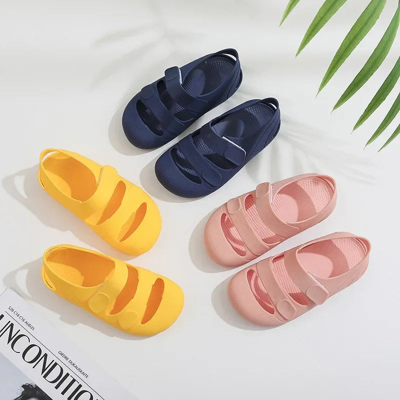 Children Sandals Hollow Out Closed Toe Beach Shoes Breathable Candy Color Roman Sandals for Boys Girls Soft Non-slip Kids Shoes