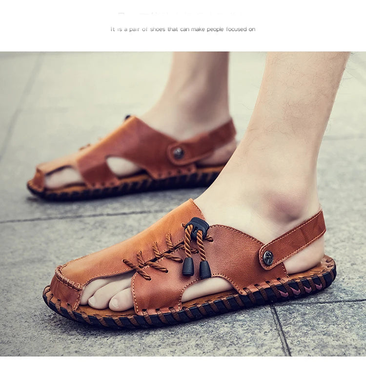 Summer Handmade Slippers for Men Soft Sole Casual Beach Sandals Sole Leather Shoes Tracing Dual purpose Large Size Men's shose