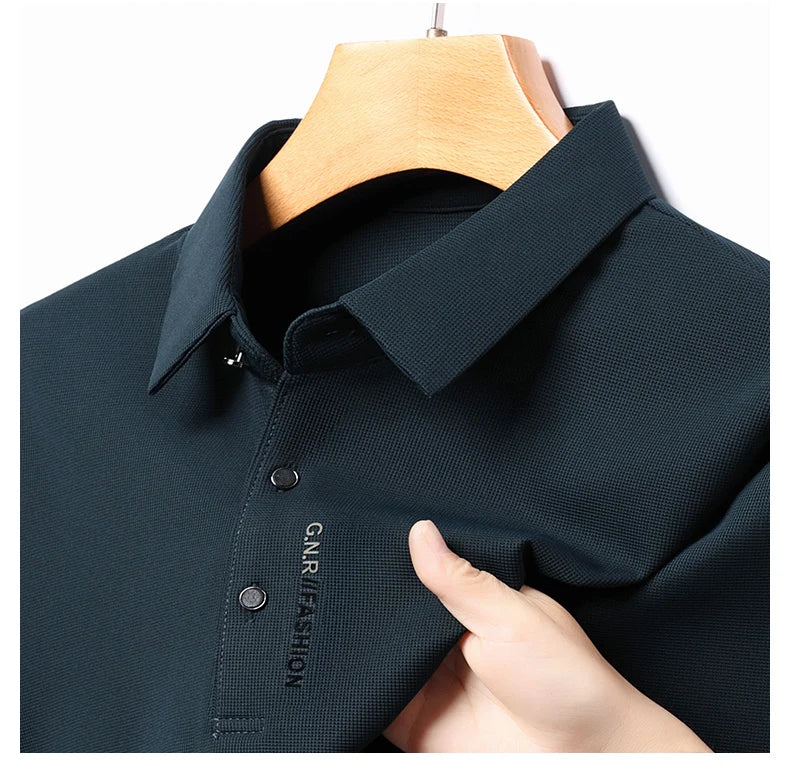 2024 Autumn New Men's Long-sleeved Polo Shirt Business Casual Slim Elastic Top Fashion Classic Solid Color Male Brand Tees