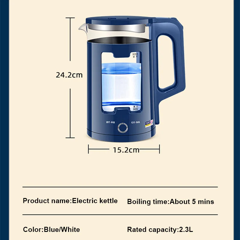 DMWD 2.2L Electric Kettle Quick Heating Hot Water Boiling Teapot Glass Blue Light Heater Pot Boiler Auto-Power Off Cooker 220V