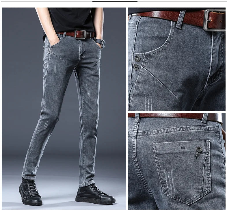 2024 New Gray Jeans Men's Slim Elastic Korean Fashion Vintage Casual Skinny Feet Male Clothing Denim Trousers 27-36