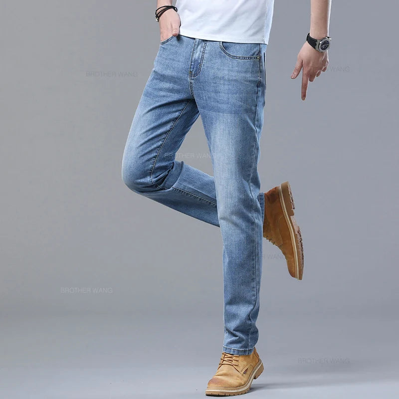 2024 Spring and Summer Thin Men's Light Blue Jeans Classic Style Business Fashion Stretch Fabric Straight Pants Male Brand