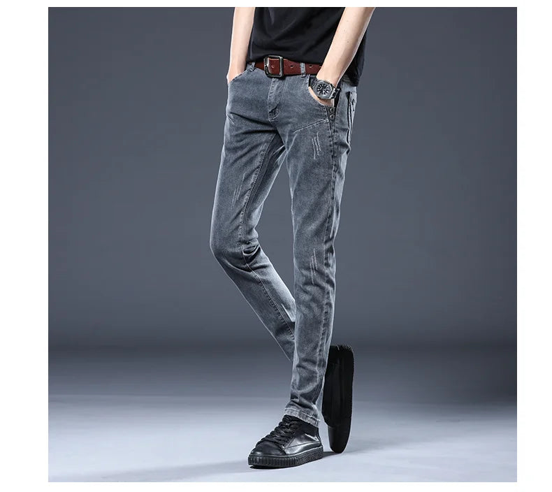 2024 New Gray Jeans Men's Slim Elastic Korean Fashion Vintage Casual Skinny Feet Male Clothing Denim Trousers 27-36