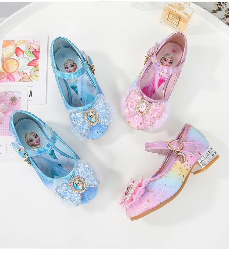 Disney Women Causal Shoes Children's High Heels Princess Elsa Girls' Shiny Rainbow Crystal Leather Pink Blue Shoes Size 23-36