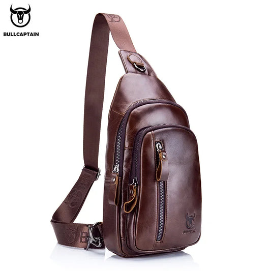 BULLCAPTAIN Men's Genuine Leather Casual Crossbody Bags Leather Chest Bag For Men Fashion Excursion Bag's Can Hold 7.9 Inch IPai