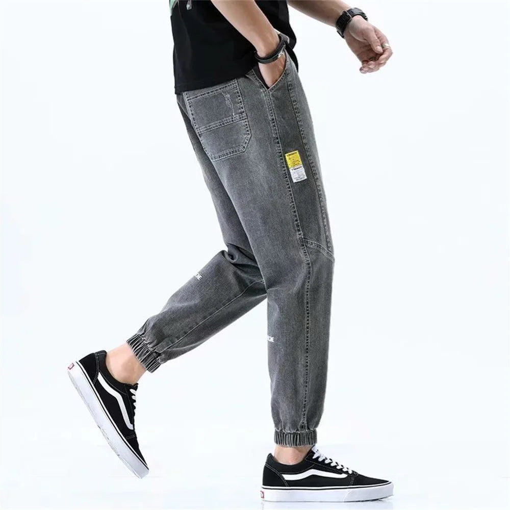 2024 Summer Men's Jeans Jogger Thin Harem Pants Cotton Banded Pant Korea Style Light Blue Hip Hop Beam Feet Casual Trousers Male