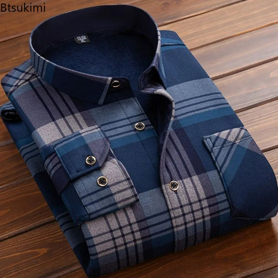 2024 Men's Autumn Winter Casual Fleece Plaid Shirt Fashion Soft Warm Turn Down Collar Long Sleeve Shirt Male High-Quality Tops