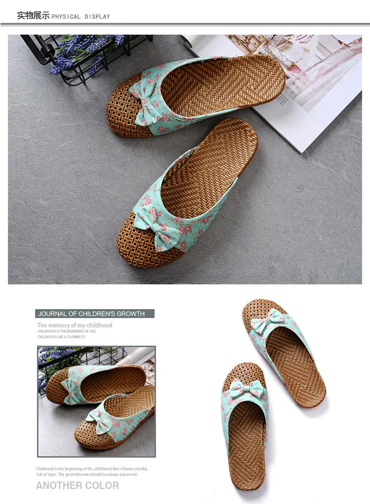 Women for Shose Slippers Summer Beach Flip Flops Breathable Linen Flat Slippers Female Casual Flax Bow Ladies Men Sandals