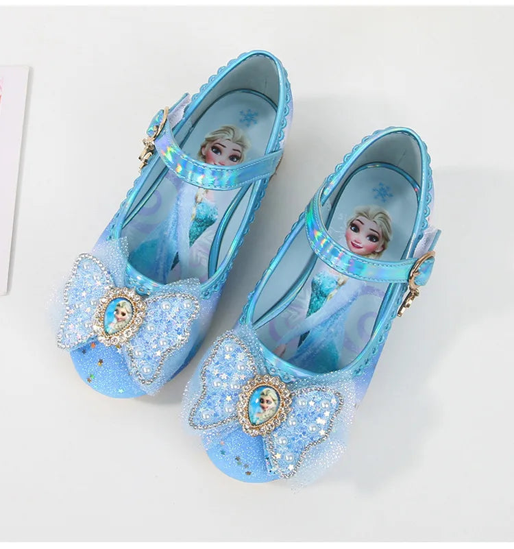 Disney Women Causal Shoes Children's High Heels Princess Elsa Girls' Shiny Rainbow Crystal Leather Pink Blue Shoes Size 23-36