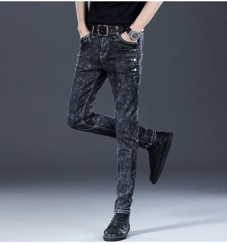 Fashion Stylish Korean Style Clothes Classic Kpop Streetwear Luxury Slim-Fit Smoke Gray Men's Jeans Casual Cowboy Pants for Men