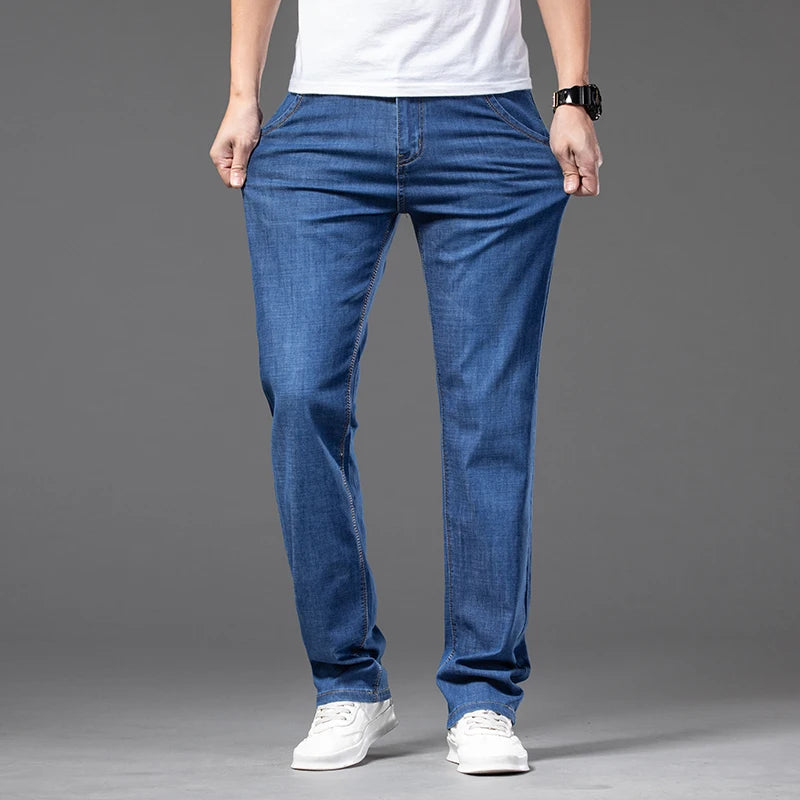 Large Size Men's Stretch Thin Jeans Summer Classic Black Blue Business Casual Straight Denim Pants Baggy Trousers 44 46