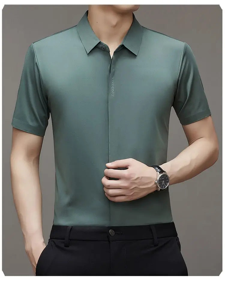 Summer Smart Casual Short Sleeved Men's Shirt Men's Solid Square Neck Button Embroidered Letter High End Wrinkle Resistant Tops