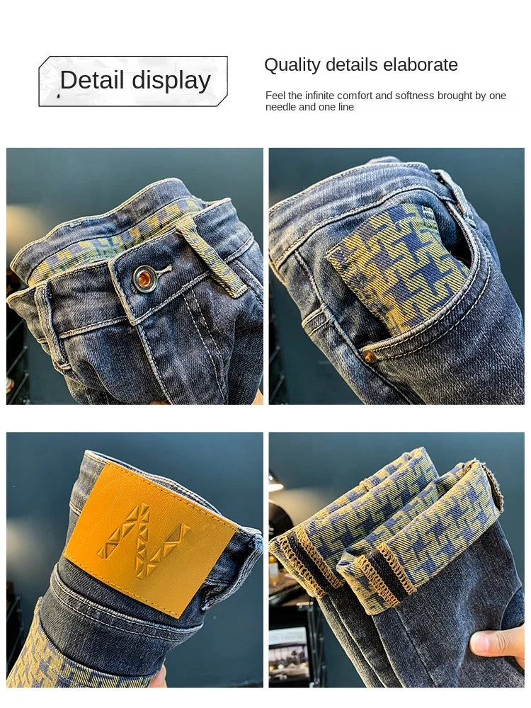 Spring New Trendy Jeans For Men'S High End Light Luxury Fashion Print Elastic Casual Straight Fit Loose Cotton Denim Pants