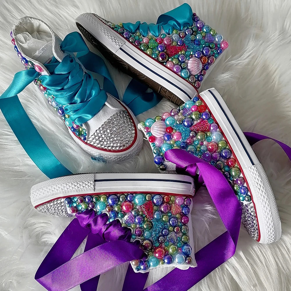 Handmade Rhinestones Bling Girls Womens Kids And Mother Candy Canvas Shoes Pearls Sneakers For Girl Birthday Party Wedding