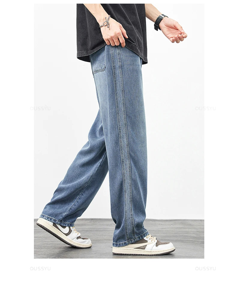 Brand Clothing Spring Summer Cosy Soft Lyocell Fabric Men's Jeans Loose Wide Leg Pants Elastic Waist Casual Trousers Plus Size