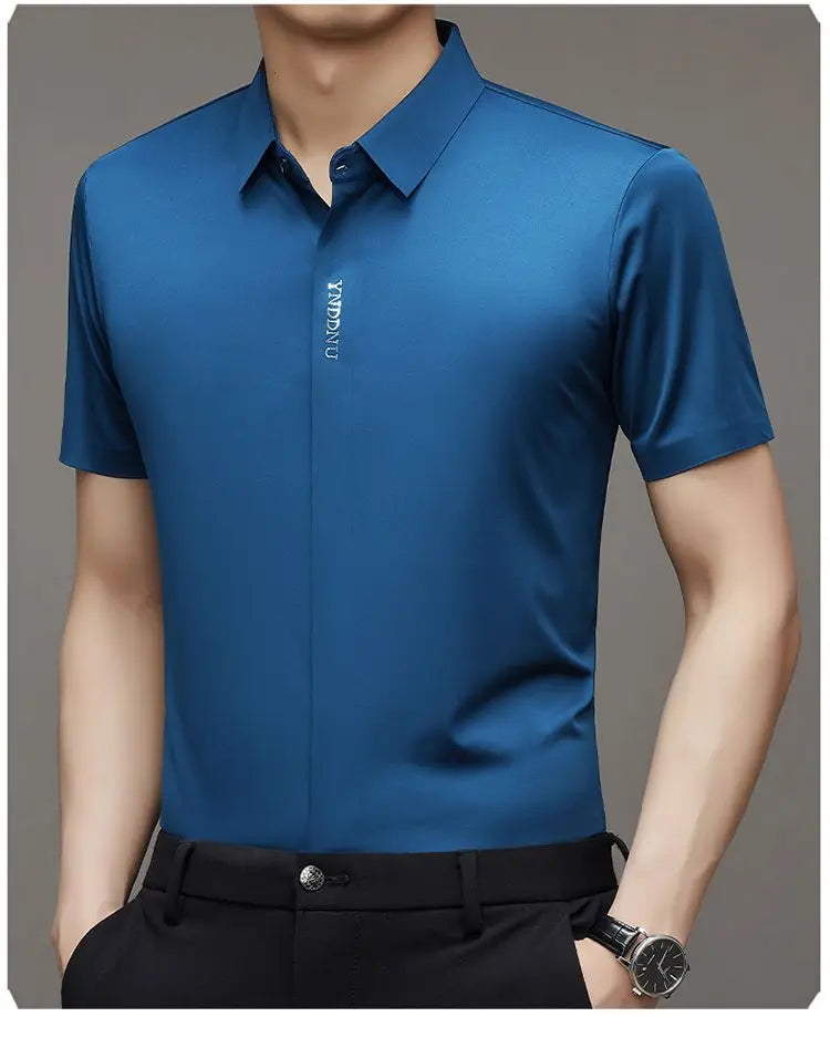 Summer Smart Casual Short Sleeved Men's Shirt Men's Solid Square Neck Button Embroidered Letter High End Wrinkle Resistant Tops