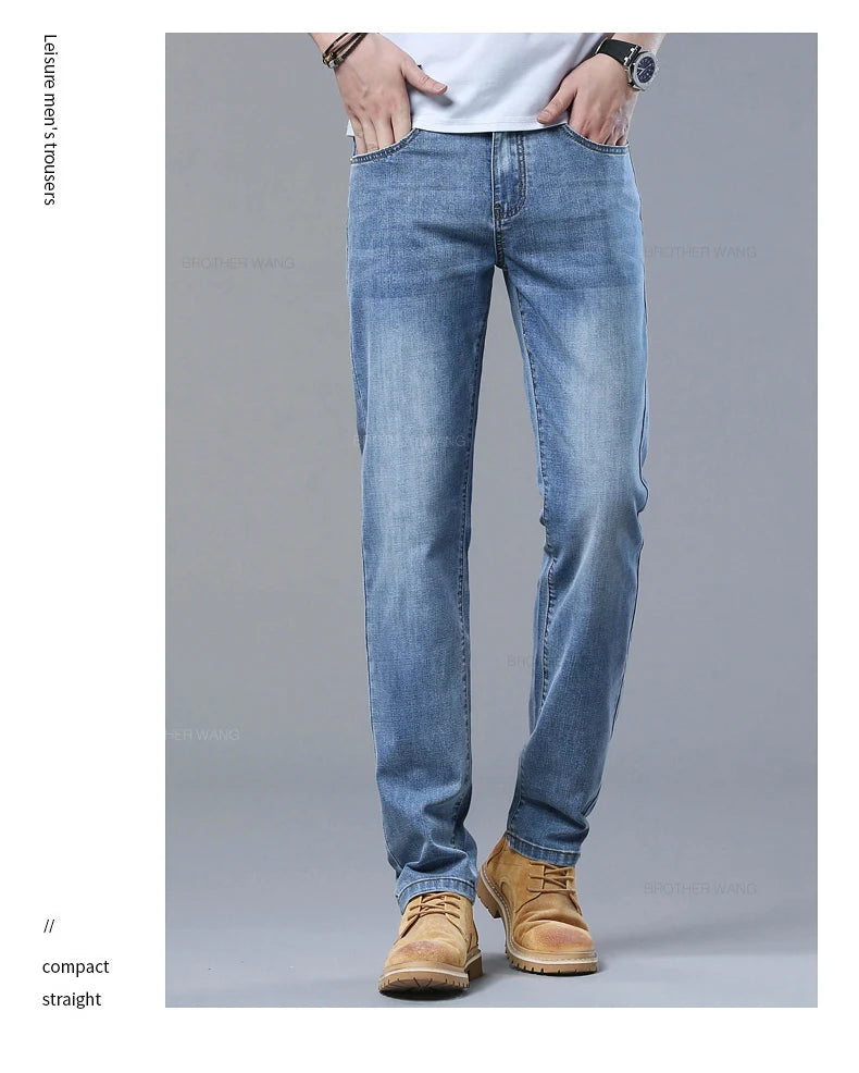 2024 Spring and Summer Thin Men's Light Blue Jeans Classic Style Business Fashion Stretch Fabric Straight Pants Male Brand