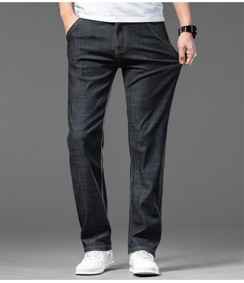 Large Size Men's Stretch Thin Jeans Summer Classic Black Blue Business Casual Straight Denim Pants Baggy Trousers 44 46