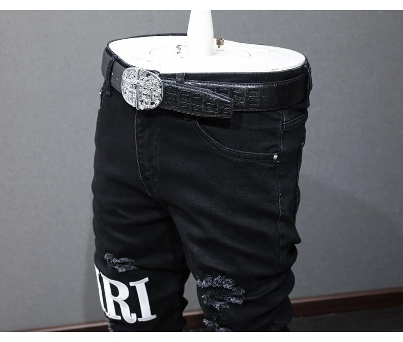 High street fashion new black men's jeans stretch slim fit retro washed embroidered jeans designer hip-hop brand pants hombre