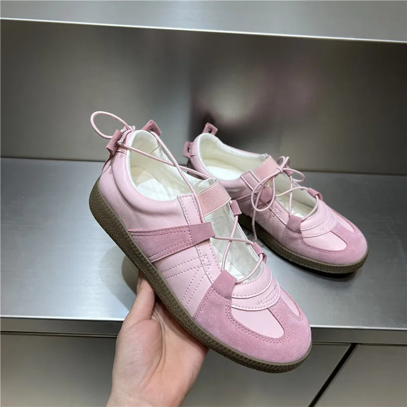 2024 Women Spring Summer New Soft Leather Korea Y2k Designer Casual Ballet Sports Athletic Training Flat Sneakers Female Shoes