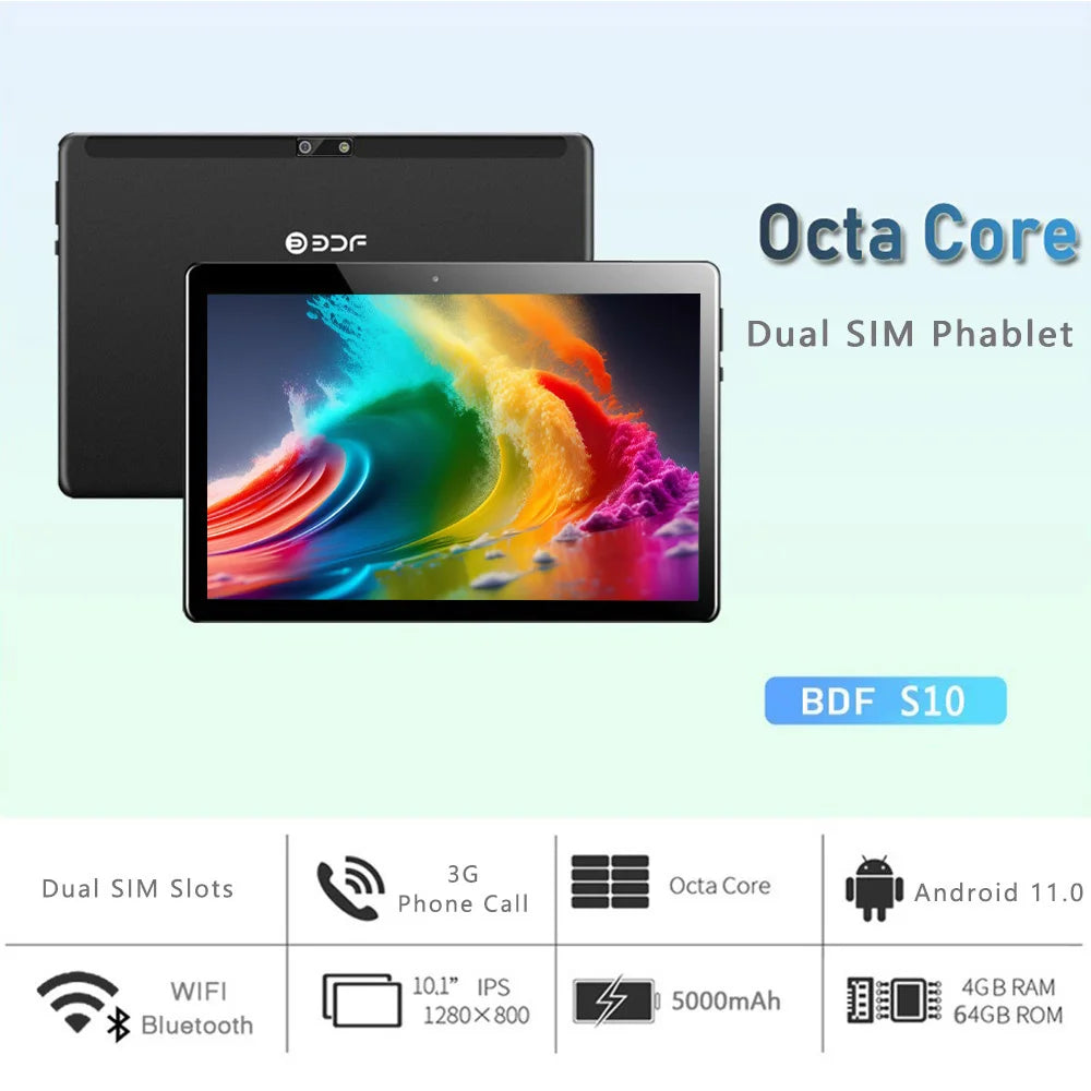 Android Tablet New 10.1" Google Tablets Octa Core Global Version Dual SIM 3G Phone Call Bluetooth Wifi 4GB RAM 64GB ROM 5000mAh