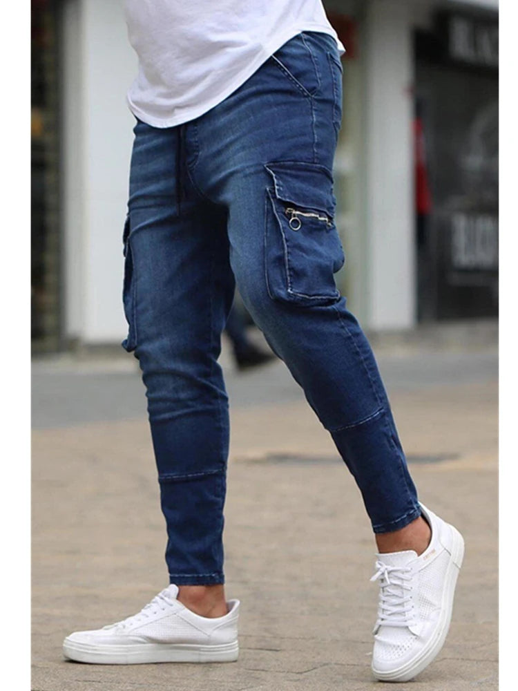 New Men's Slim Fit Stretch Jeans Casual Fashion Multi Pocket Cargo Denim Pants High Street Men's Jeans Work Hip Hop Trousers