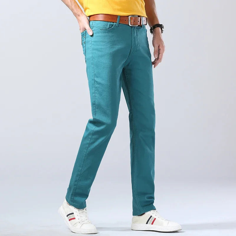 2024 Autumn New Men's Stretch Fit Jeans Bright Trendy Denim Straight-leg Trousers Male Red Lake Blue Yellow Trousers