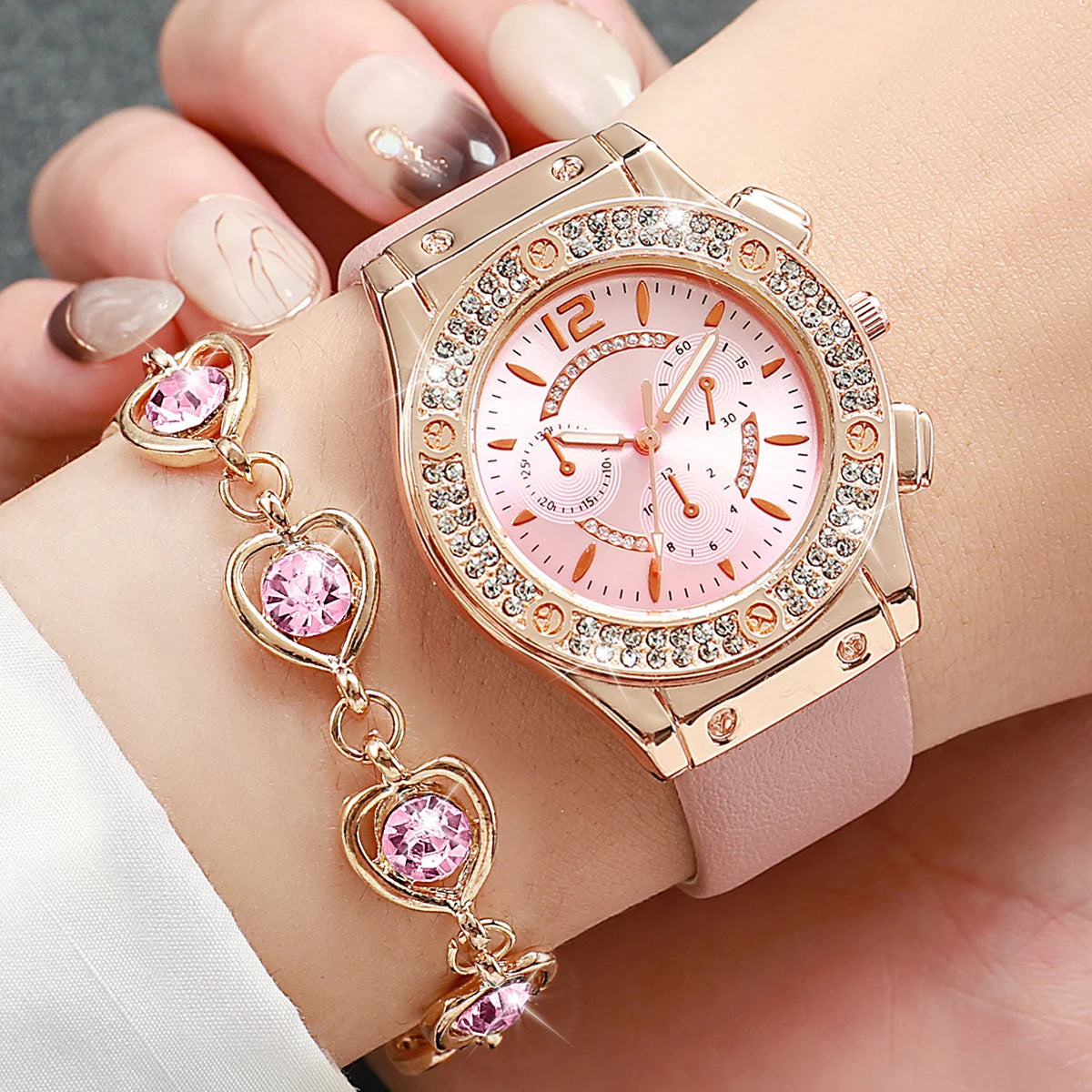 6PCS/Set Fashion Rhinestone Women's Watch Leather Band Analog Quartz Watches Heart Jewelry Set（Without Box）