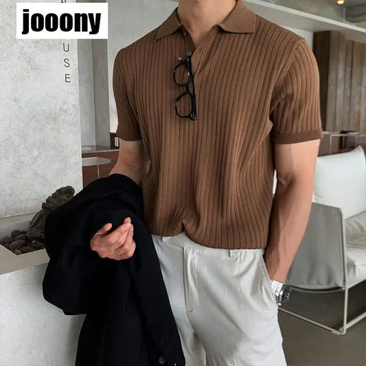 Solid Color Short Sleeve T-Shirt Men Breathable Comfortable 2024 Men's Clothing Knitted Polo Shirt Casual Striped Retro Button