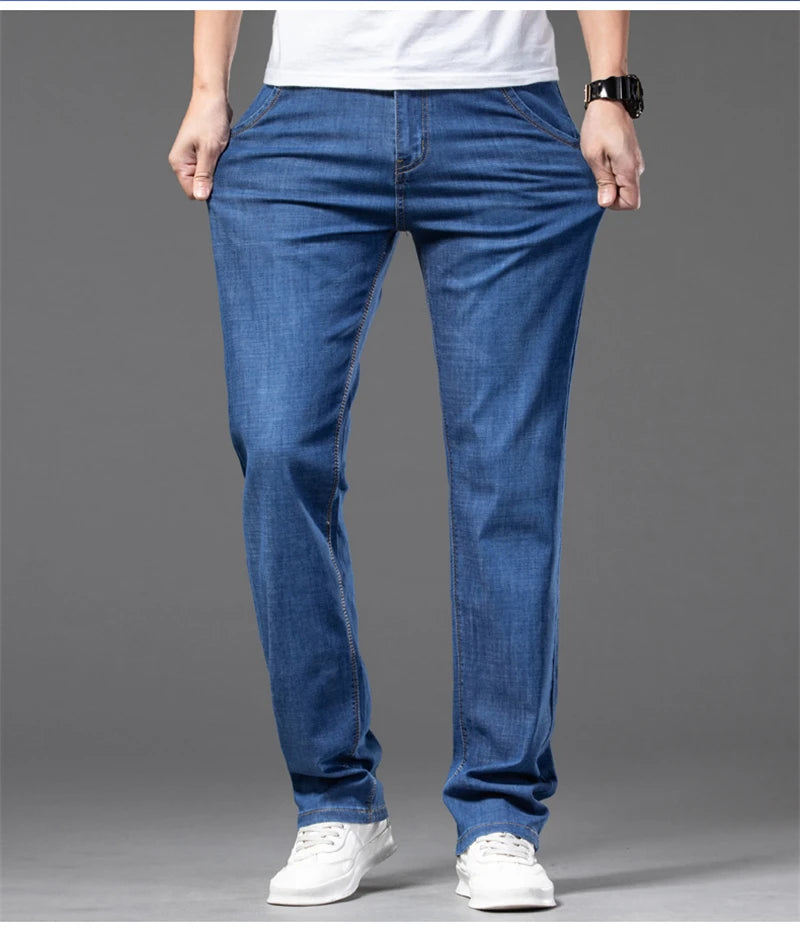 Large Size Men's Stretch Thin Jeans Summer Classic Black Blue Business Casual Straight Denim Pants Baggy Trousers 44 46