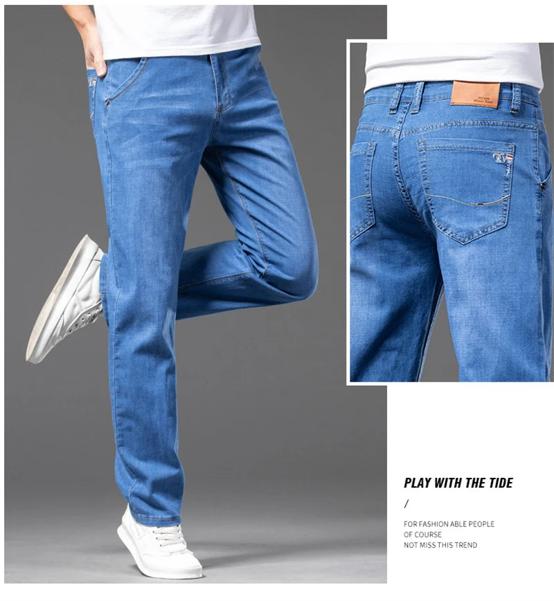 Large Size Men's Stretch Thin Jeans Summer Classic Black Blue Business Casual Straight Denim Pants Baggy Trousers 44 46