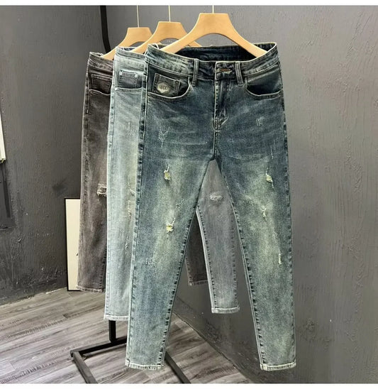 New Style Distressed Vintage Slim Fit Jeans For Men Casual Cropped Pants Elasticity Long Lasting Trendy Youth Denim