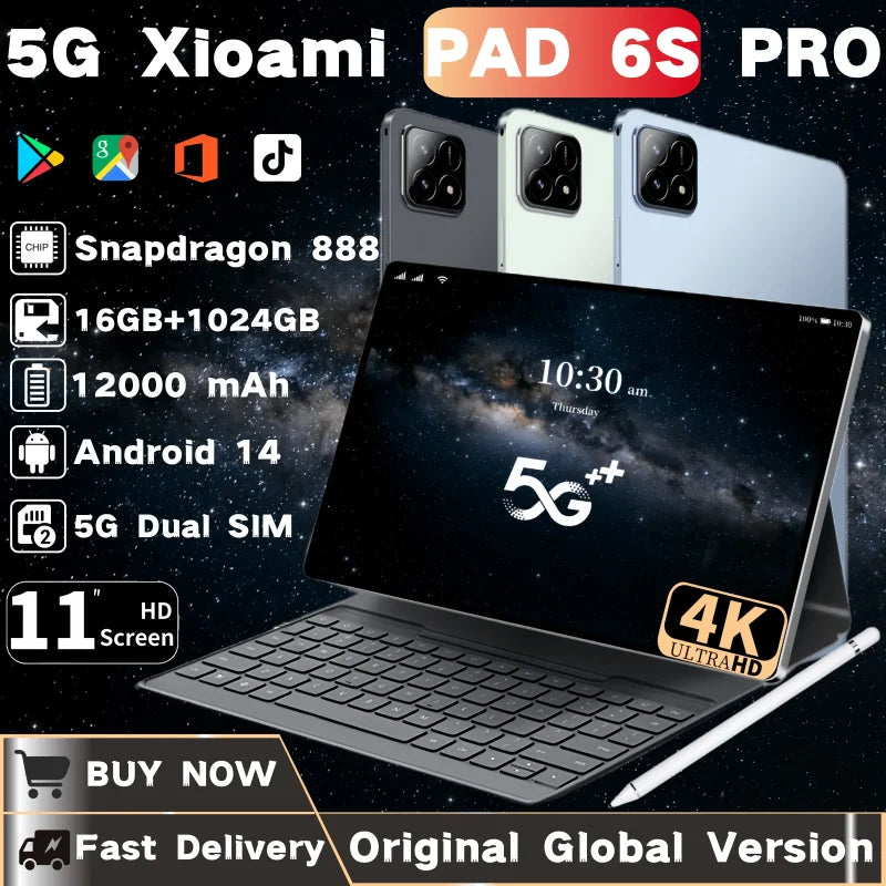 Global Version Original Xioami Tablet PC Pad 6S Pro 11inch  HD 4K Android 14 16GB+1T 12000mAh 5G Dual SIM Bluetooth WiFi Tablet